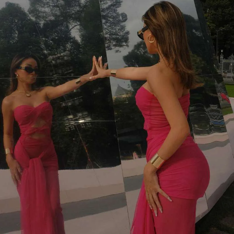 Nibber Women's Elegant Pink Maxi Dress Sexy Lady Long Dresses Girls Sleeveless Robe Mesh Hollow Out Partywear Streetwear New