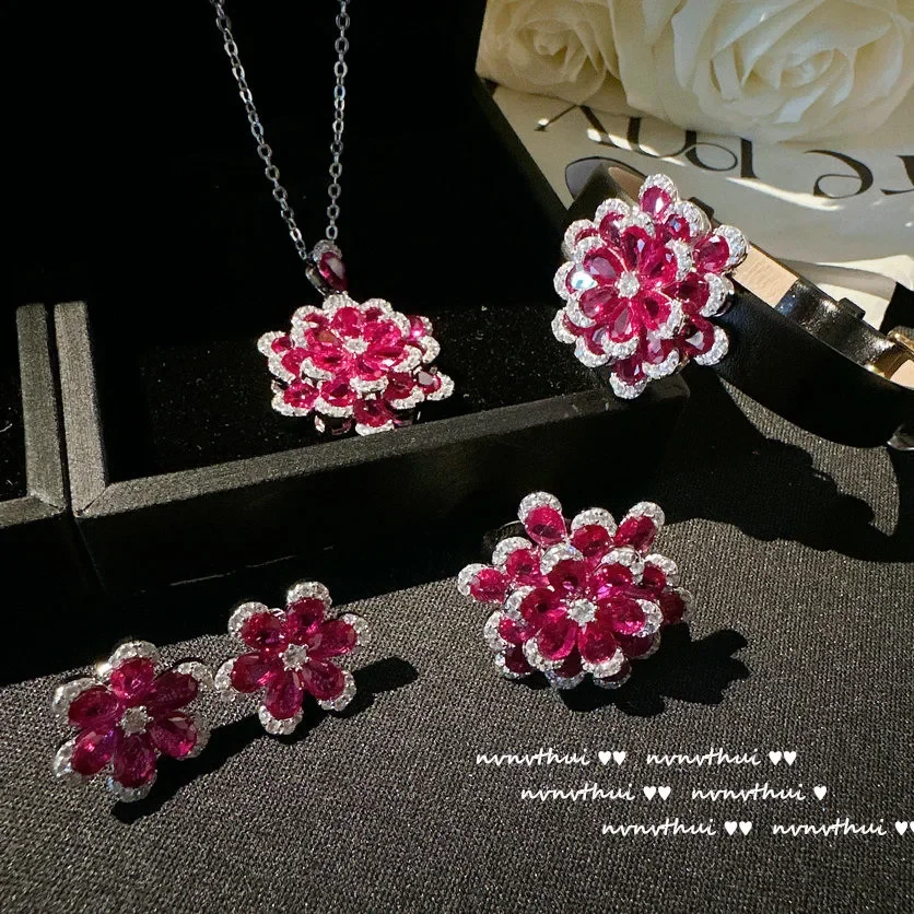 Women's New Fashion Jewelry Sterling 925 Silver Delicate Red Zircon Flower Pendant Necklace Earrings Ring Bracelet Set for Women 2