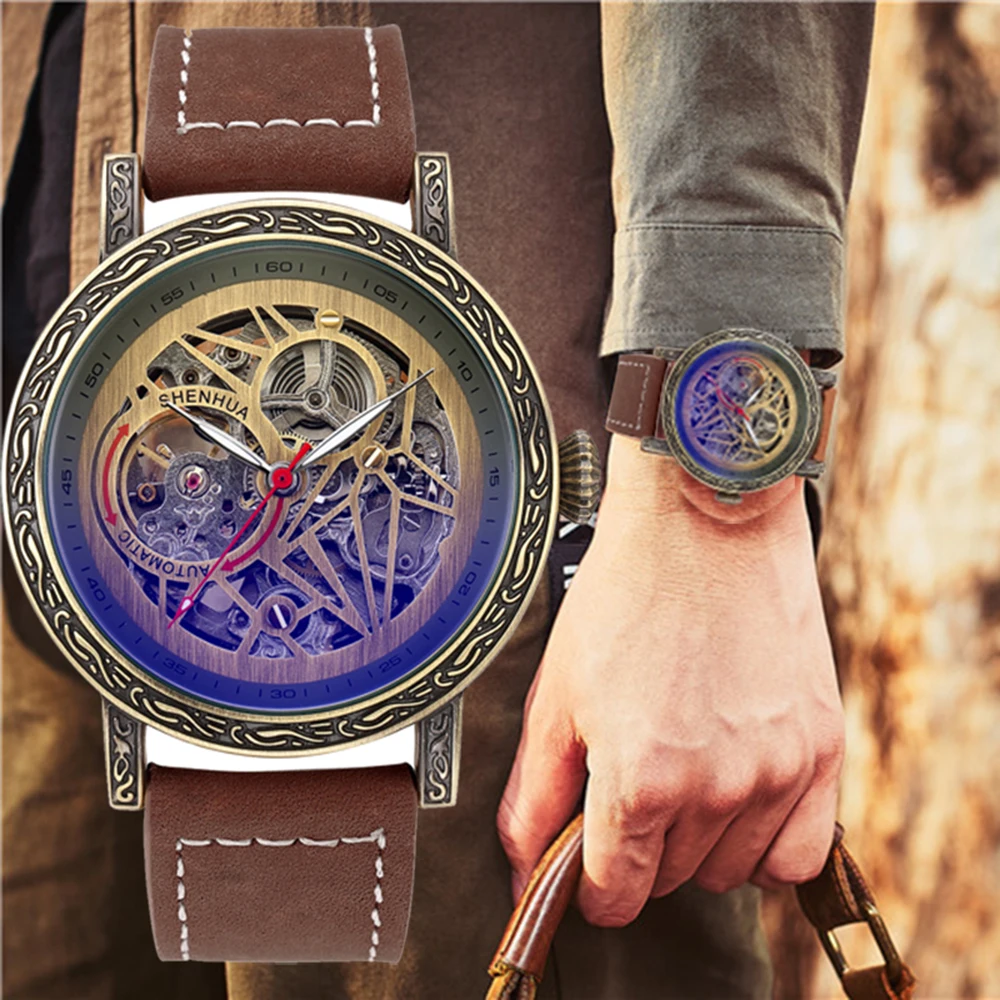 

Часы SHENHUA Мужские механические Автоматические, брендовые винтажные Дизайнерские наручные в стиле стимпанк с полым циферблатом, для отдыха