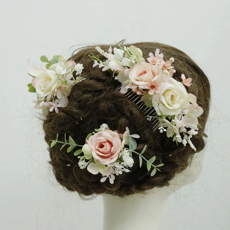 Pink Artifical Rose Flower Headwear with Comb Wedding Decoration Bride Hair Accessories