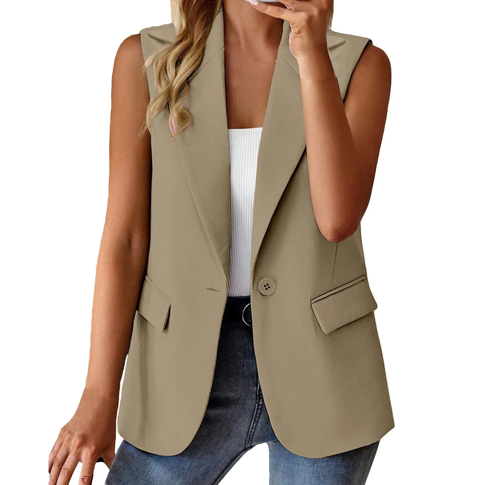 

Womens Blazer Waistcoat Solid Color Lapel Sleeveless Suit Jackets Single Breasted One Button Coat Business Office Work Cardigan