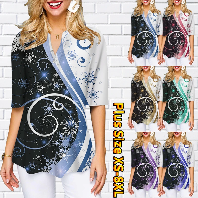 

2023 Women's Pullover Top Women's Casual Half Sleeved Loose Fitting T-shirt 3D Printed Button Top V-neck Summer Women's T-shirt