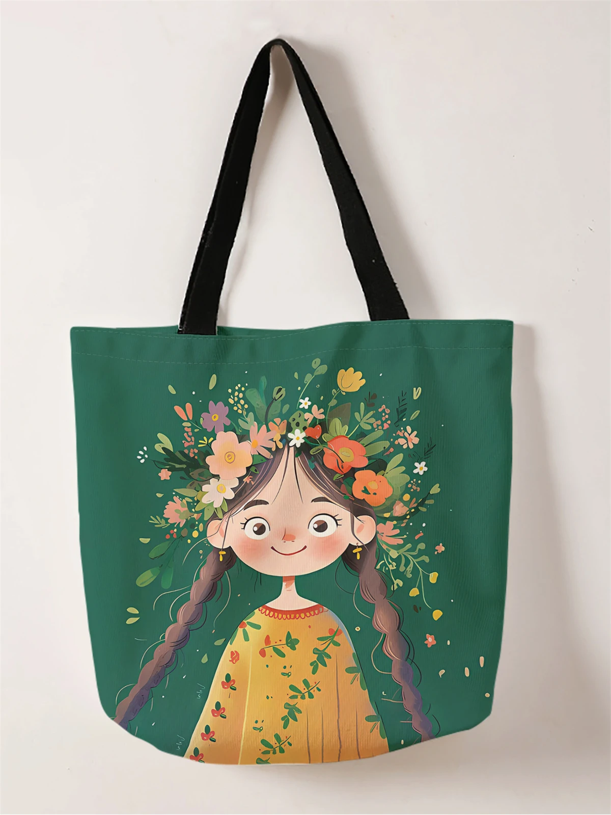 1pc,wreath girl handbag, reusable fashionable handbag, multifunctional handbag, printed canvas shopping bag