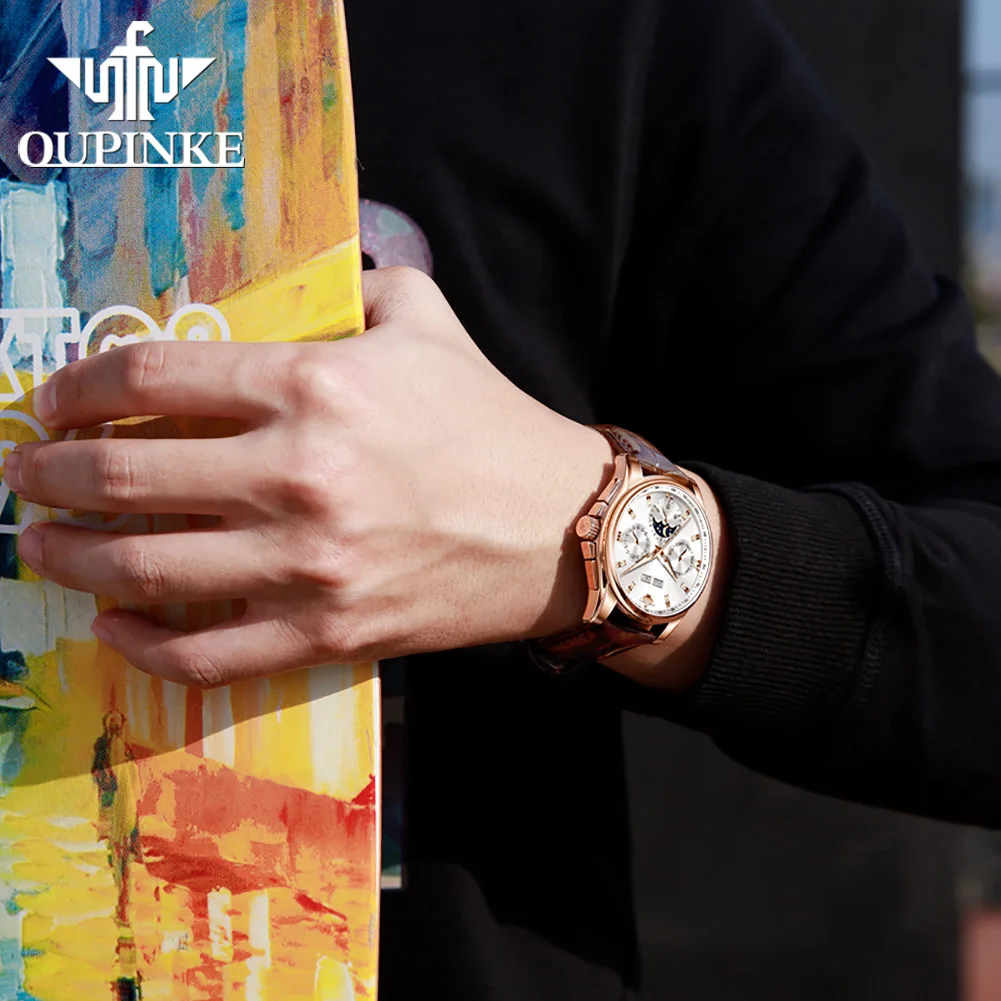 OUPINKE 3189 Date Men's Watch Moon Phase Mechanical Dress Watch For Men Synthetic Sapphire Mirror Waterproof Male Wristwatch