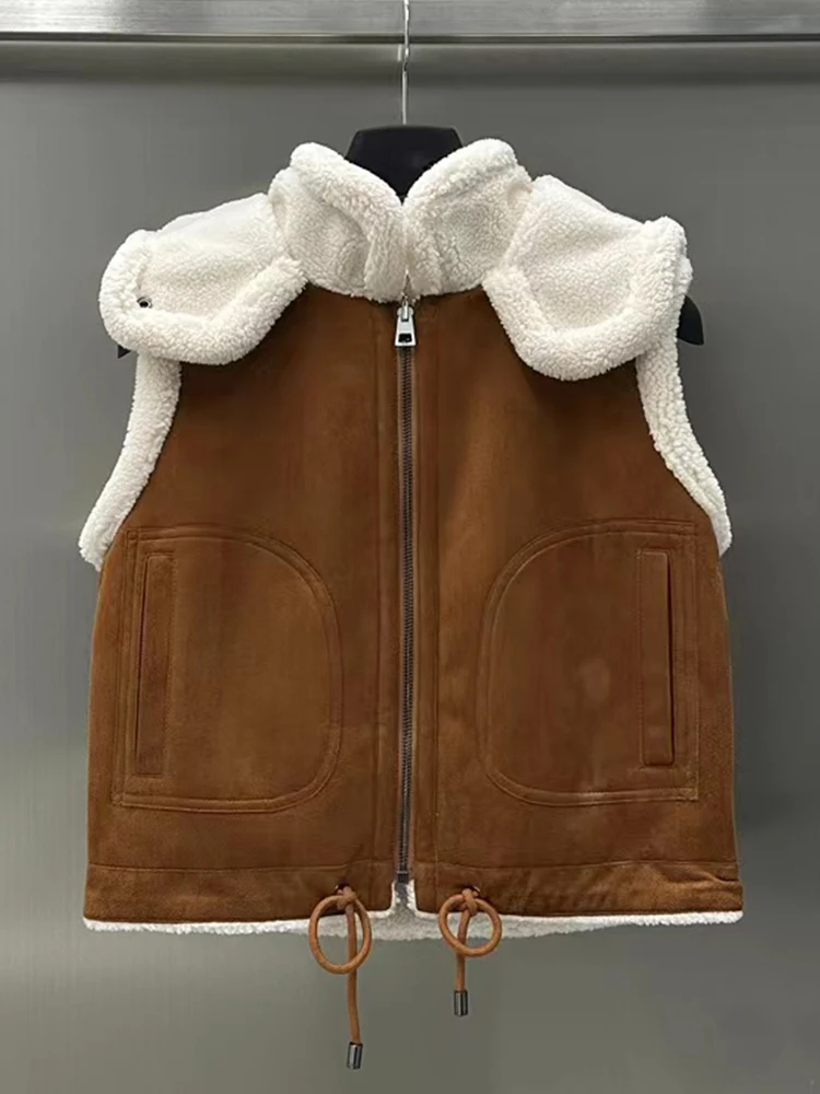 

Vintage suede Lamb hooded straight-leg vest coat from designer Ladies' new winter fashion all-in-one warm vest top