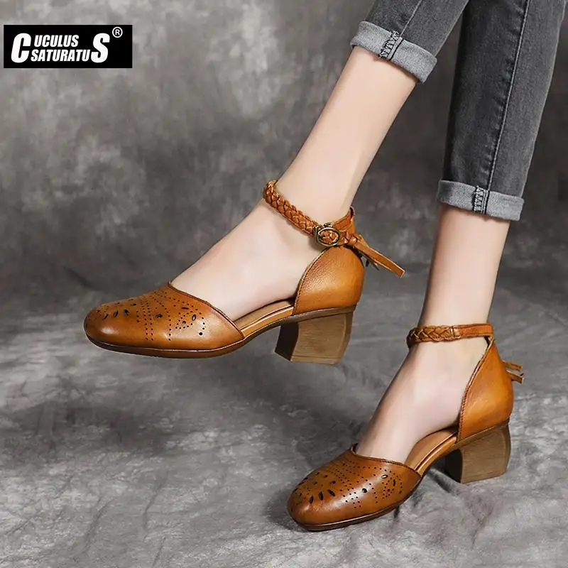 

Women Heel High Shoes Round Toe Square Heel Shoes 100% Genuine Leather Women's shoes printing Belt buckle high heel sandals