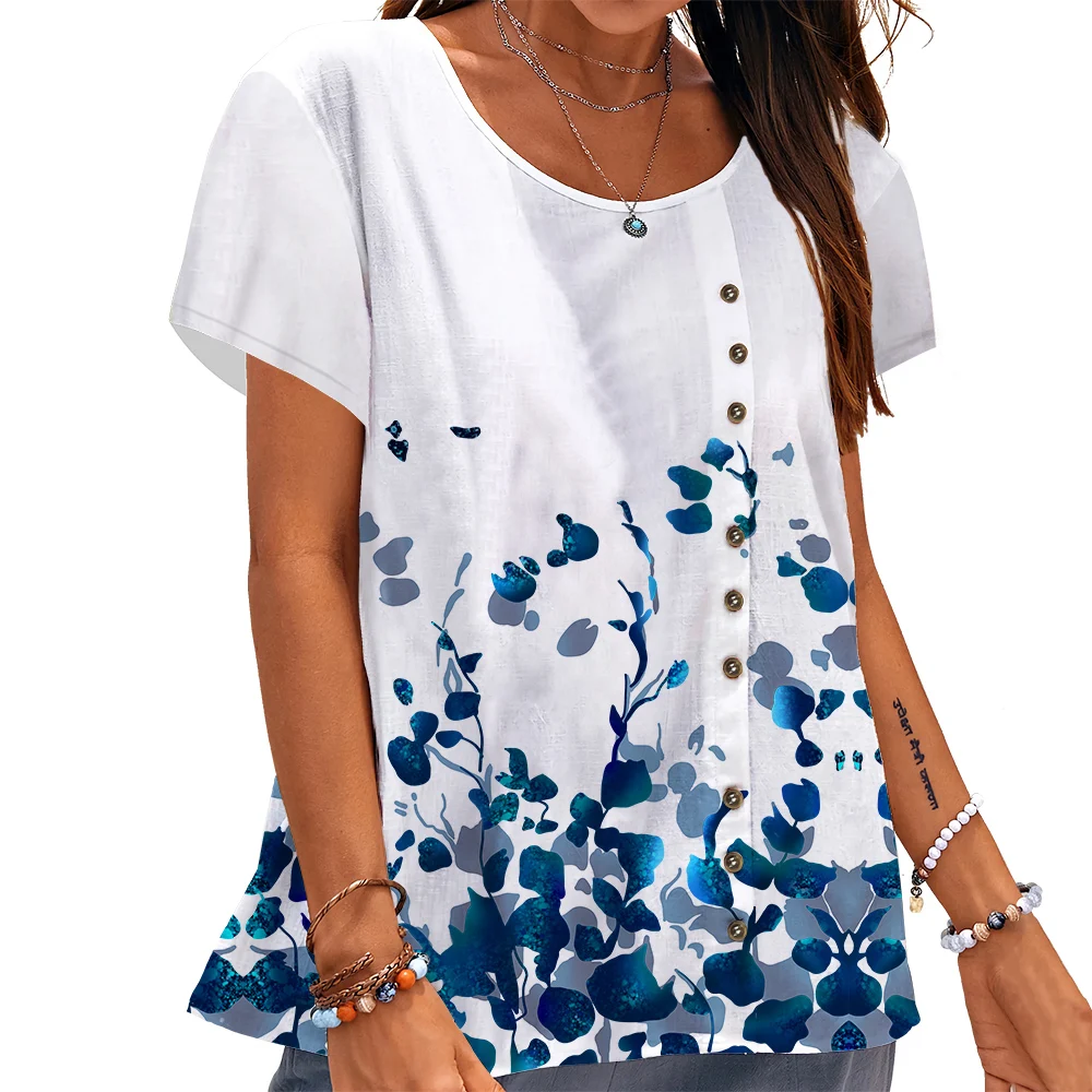 

CLOOCL Women T-shirt Green Leaves 3D Printed Tees Button Decorate Loose Short Sleeve Crew Neck Female High Quality Tops