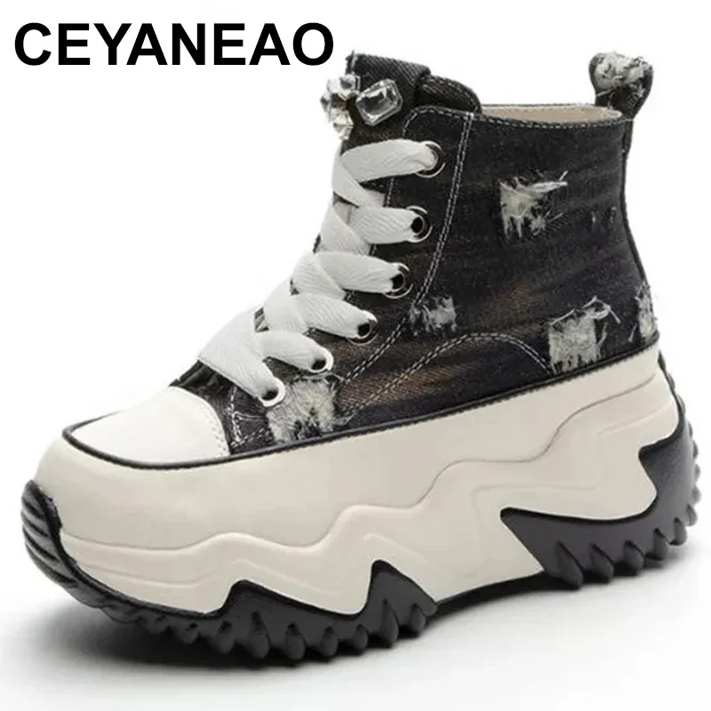 

7cm New Women's Fashion Sneakers Platform Canvas Shoes Skateboarding Lace-Up Classic Ladies ventilate Leather rhinestone shoe