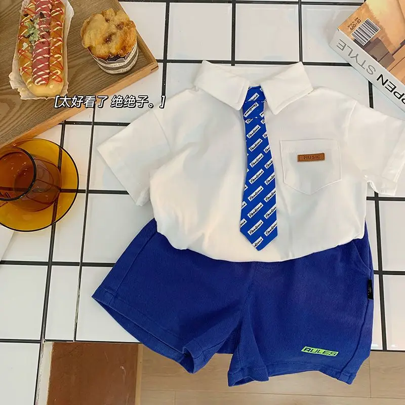

Summer blue Little Boys Children Clothing Set Two 2 Piece Set Shirt+shorts Tie Baby Clothes Kids Birthday Outfits For Women