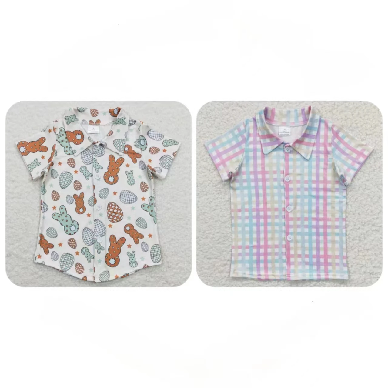 

Wholesale Children Kids Easter Clothes Toddler Short Sleeves Button Up Lapel Infant Cardigan Baby Boy Rabbits Eggs Plaid Shirt