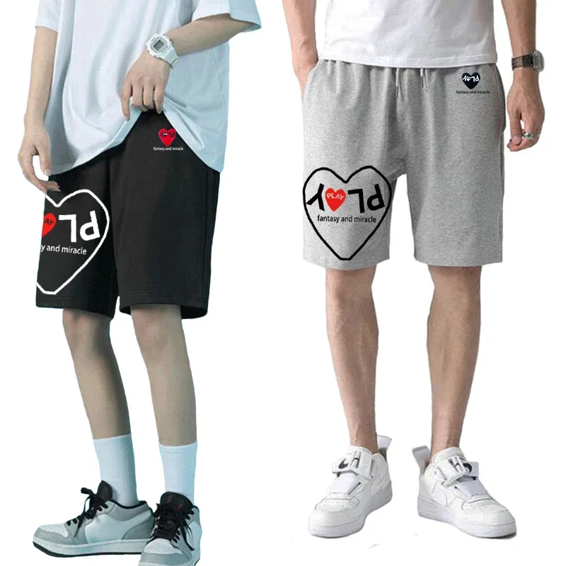 

Мужские и женские короткие брюки из хлопка с вышивкой в виде красного сердца и вырезами, эластичные Пятиточечные брюки со шнурком и карманами