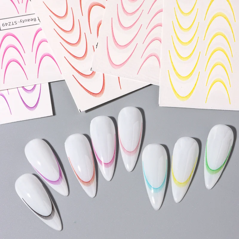 8pcs Gradient French Line Water Nail Stickers Set Colorful Stripe Ombre Designs Decals Guides for DIY Decoration Stencil Tools 6