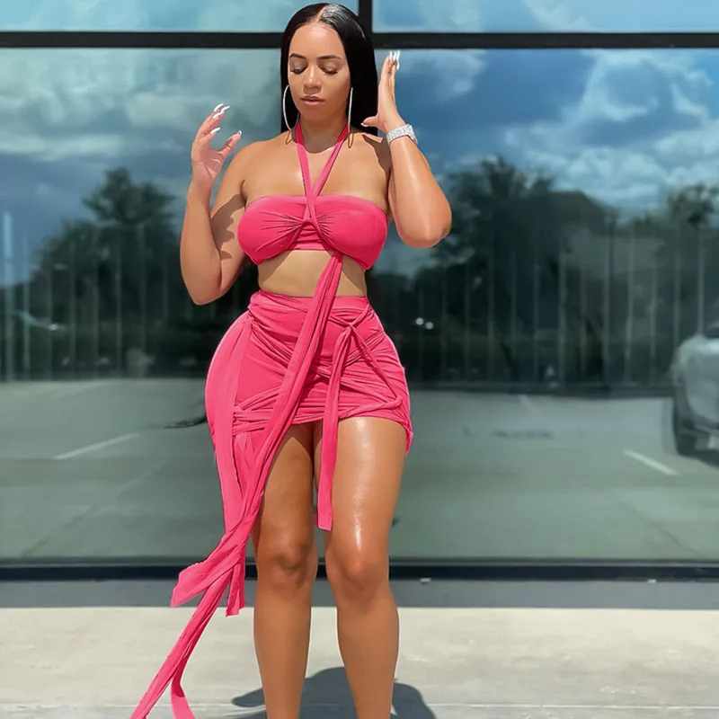 

Sexy Mesh Sheer Ribbons Two Piece Set Women Skirts Lace-up Bandage Crop Top and Bodycon Mini Skirt Beach Vacation Summer Outfits