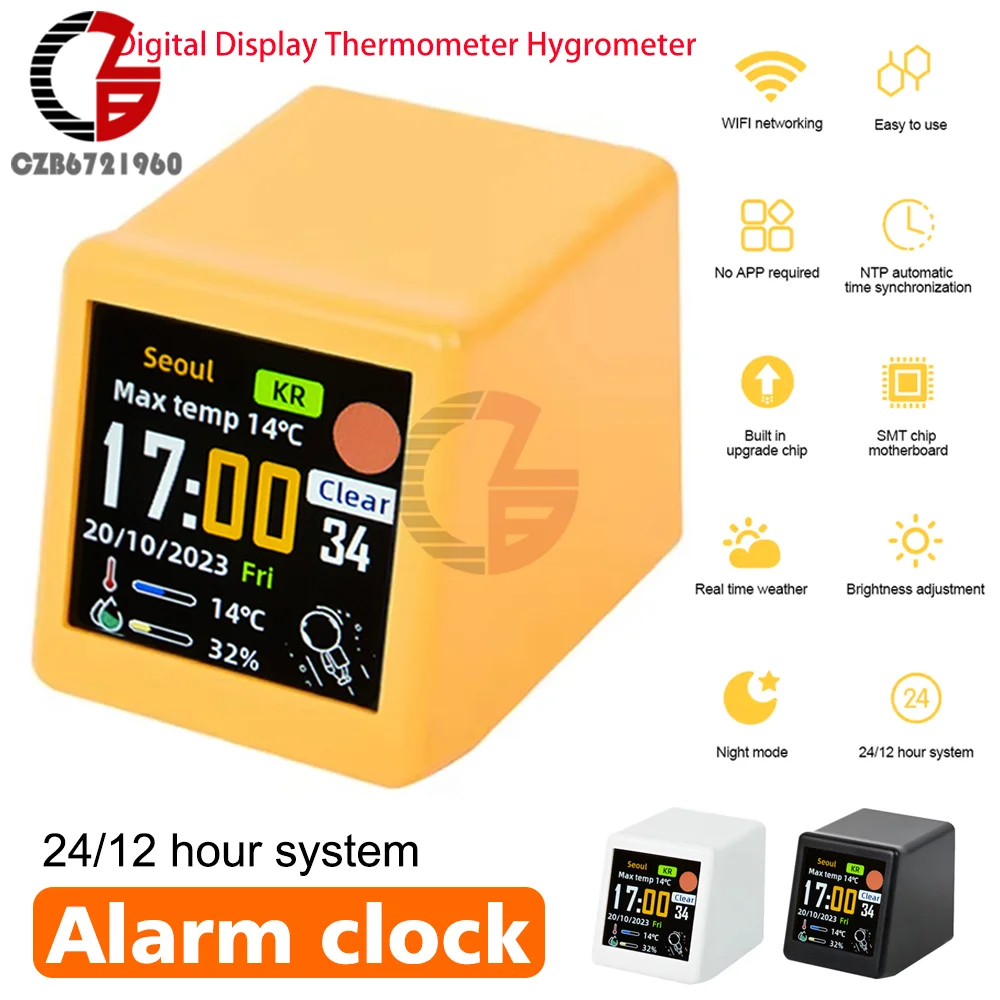 Thermometer Hygrometer Digital Thermometer Temperature and Humidity Meter Hygrometer Thermometer Digital Display Thermometer Hygrometer Mini Smart WIFI Weather Station Weather Temperature Humidity Time Alarm Clock