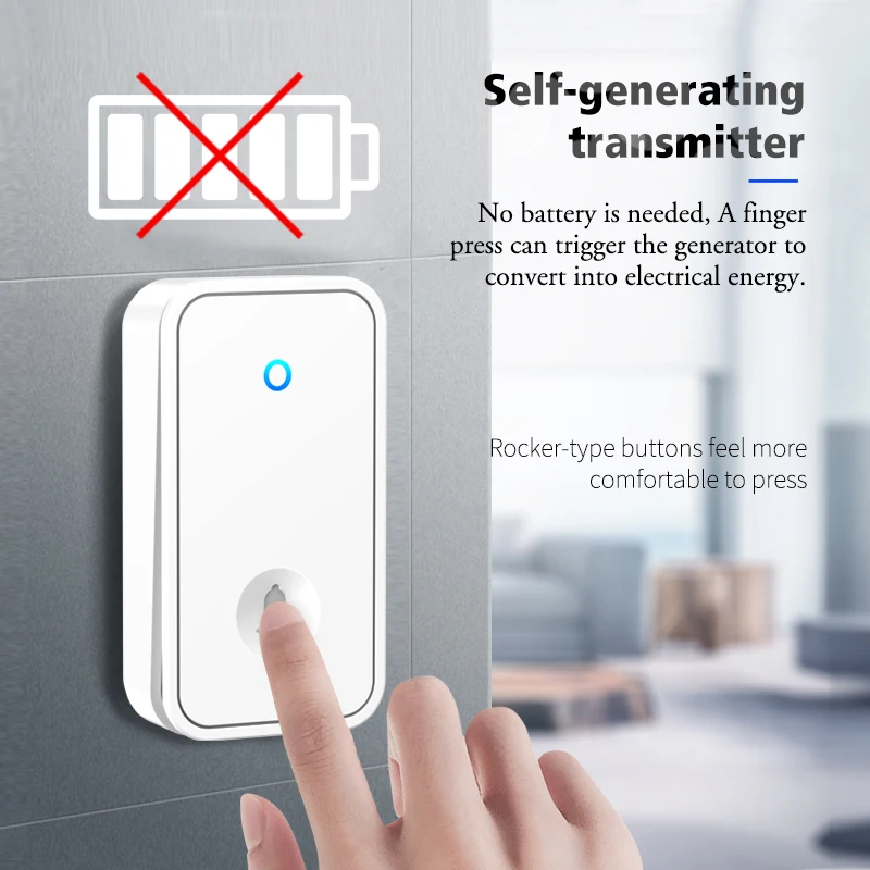 CACAZI Self-powered Wireless Doorbell No Battery required Waterproof Door Bell Outdoor Kinetic Ring Chime 1 Button 2 Receiver