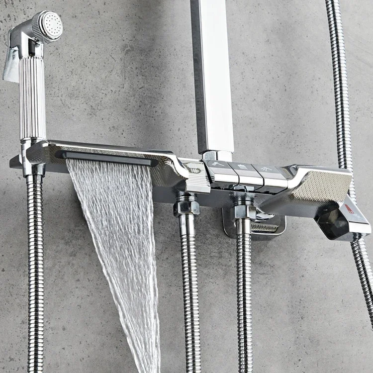 Chrome Piano Shower Set Wall Mounted Brass Hot Cold Bathroom Faucets Tap Luxury Smart Thermostatic Digital Bath Shower System 4