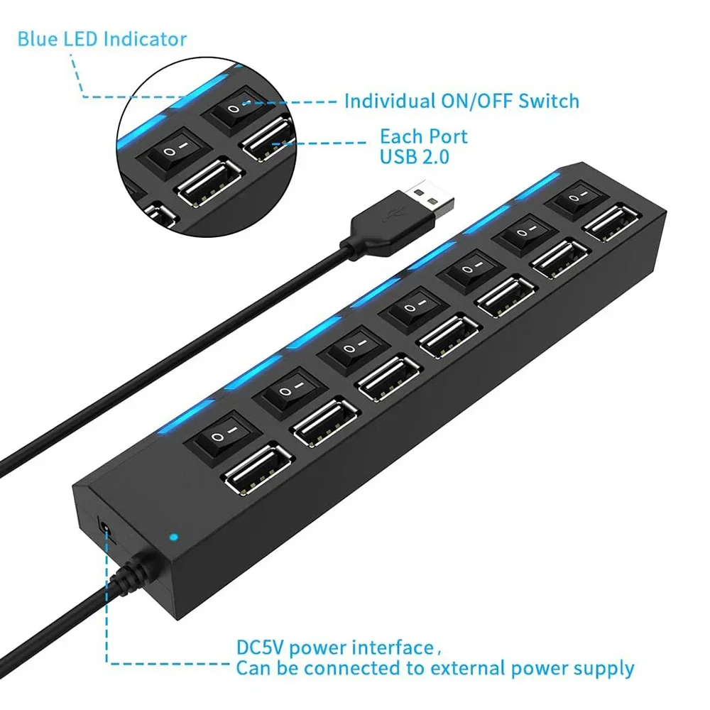 USB 2.0 Hub Multi USB Splitter Hub Use Power Adapter 7 Port Multiple Expander 2.0 USB Hub with Switch For PC