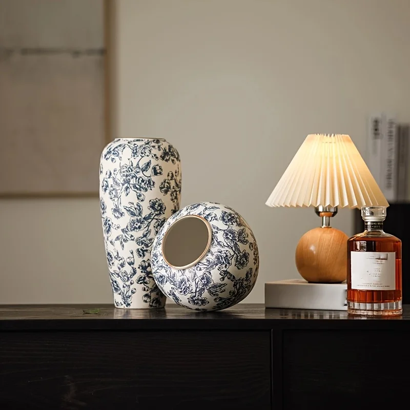 Vintage Handcrafted Ceramic Vase, Traditional Chinese Blue White Cylinder Flower Vase, Exquisite Home, Dining Table Decor