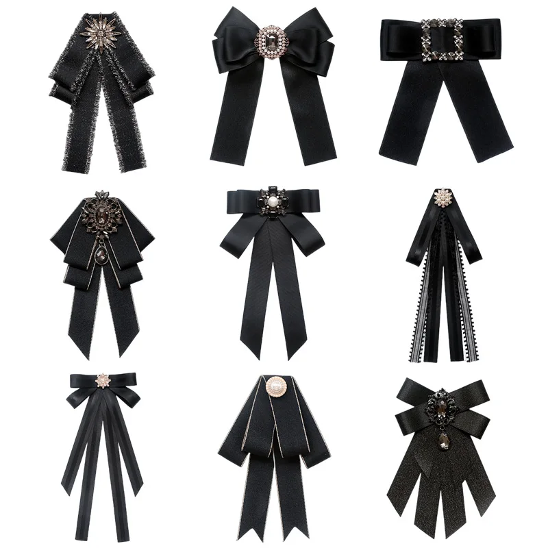 Korean Ribbon Bow Tie for Women Rhinestone Pearl Shirt Collar Pins