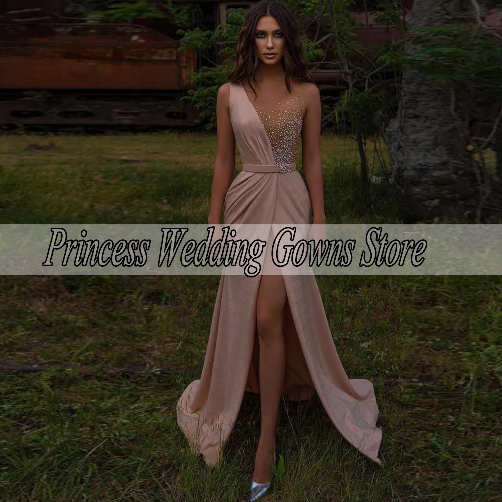 Beach Glitter Prom Dress Sleeveless Slit Sexy Evening Gown Floor Length With Sashes Shine Sweep Train Custom Vestido De Noche short formal dresses