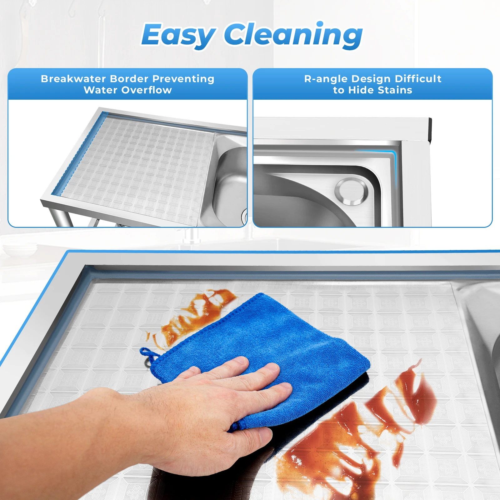 47.24x 17.72inch Stainless Steel Sink with Shelf Freestanding Commercial Restaurant Kitchen Sink Double Bowl with Tap&Drainboard 6