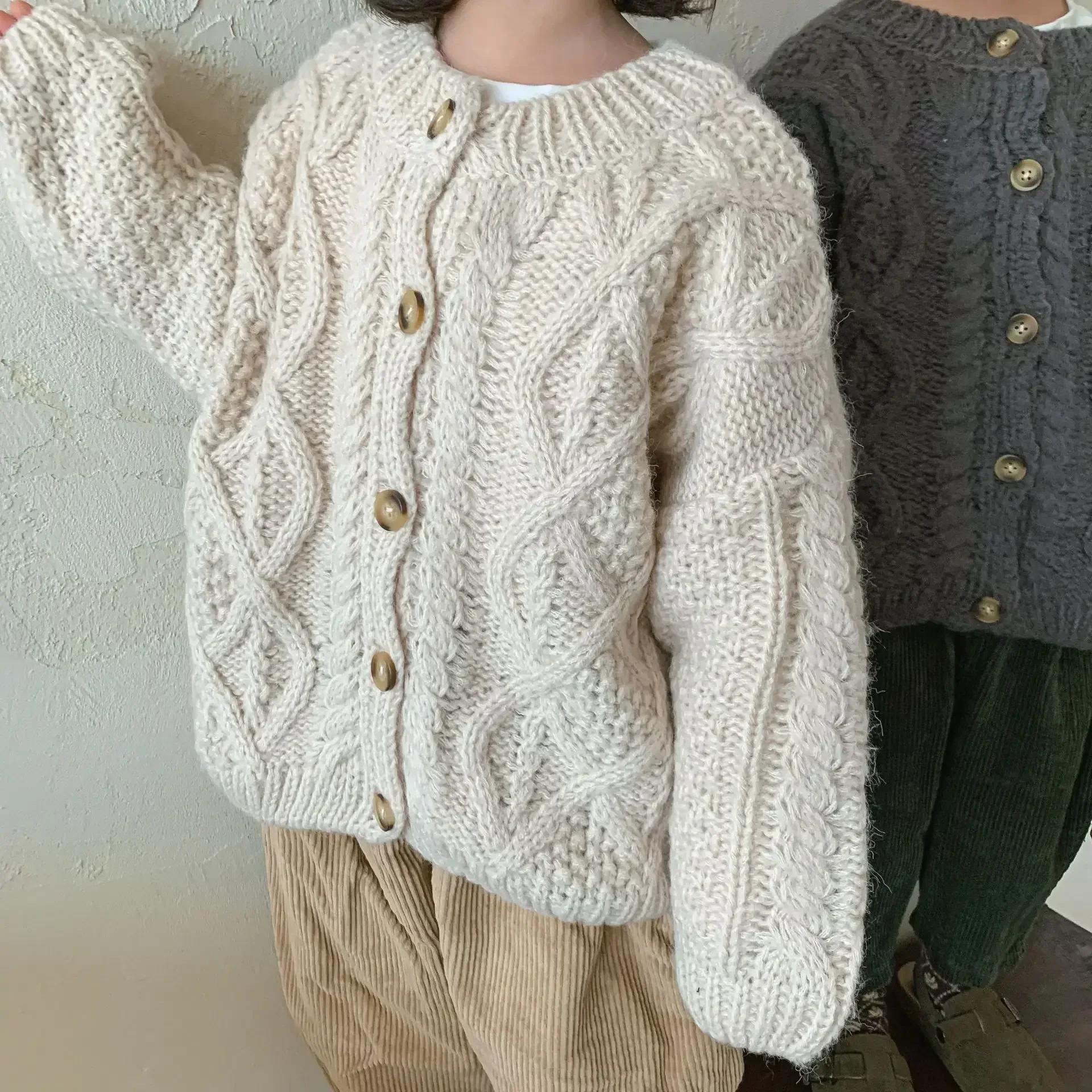 8777 Buy 2pcs Wholesale Korean Children Sweaters Cardigan Autumn And Winter 2021 Baby Coarse Wool Hemp Retro Cardigan