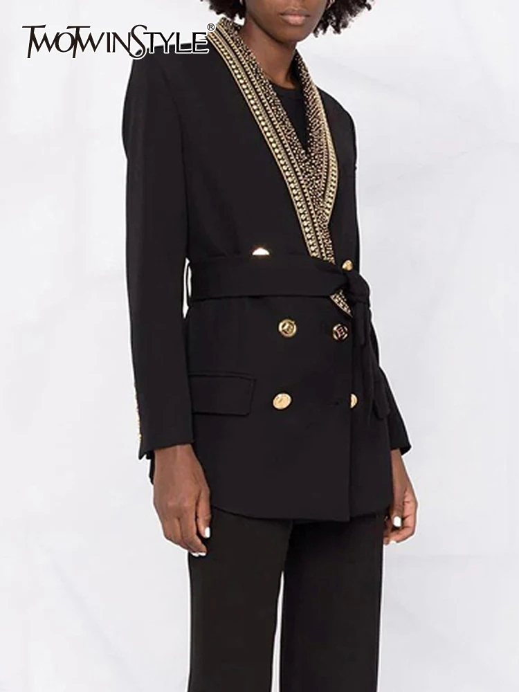 

TWOTWINSTYLE Solid Patchwork Diamonds Blazer For Women Shawl Collar Long Sleeve Spliced Lace Up Blazers Female Fashion Clothes