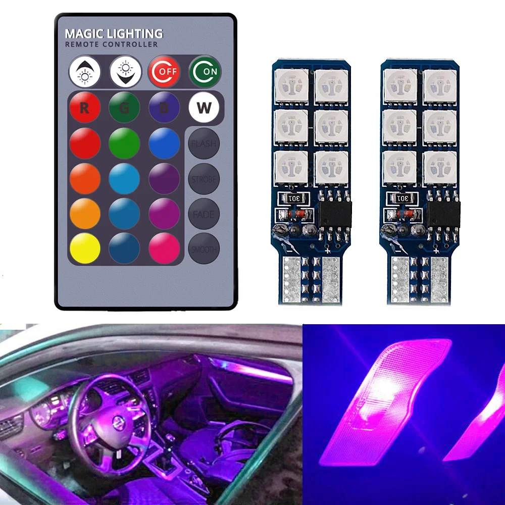 2pcs Auto Interior Decoration Lamp T10 W5W 5050 Atmosphere Car Light RGB 12LED Blub Dome Roof Reading Trunk Door Welcome Lantern