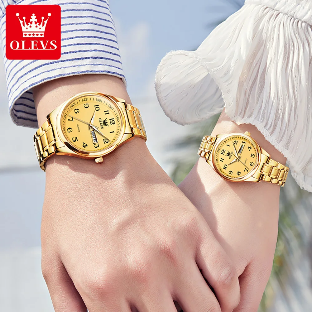 OLEVS 5567 Gold Stainless Steel Couple Watches Pair Men and Women Fashion Quartz Wristwatches Luxury Waterproof Lovers Watch Set