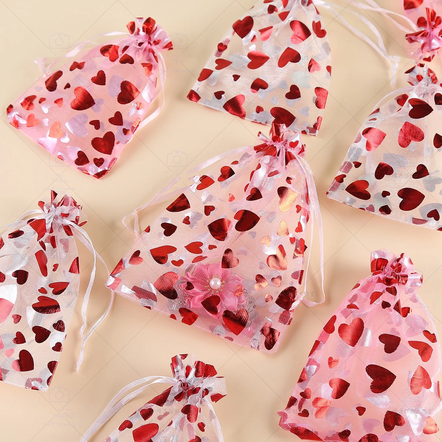 10/25Pcs 8x10cm 9x12cm Heart Printing Drawstring Organza Bags Jewelry Candy Packaging Bags Wedding Party Gifts Pouches