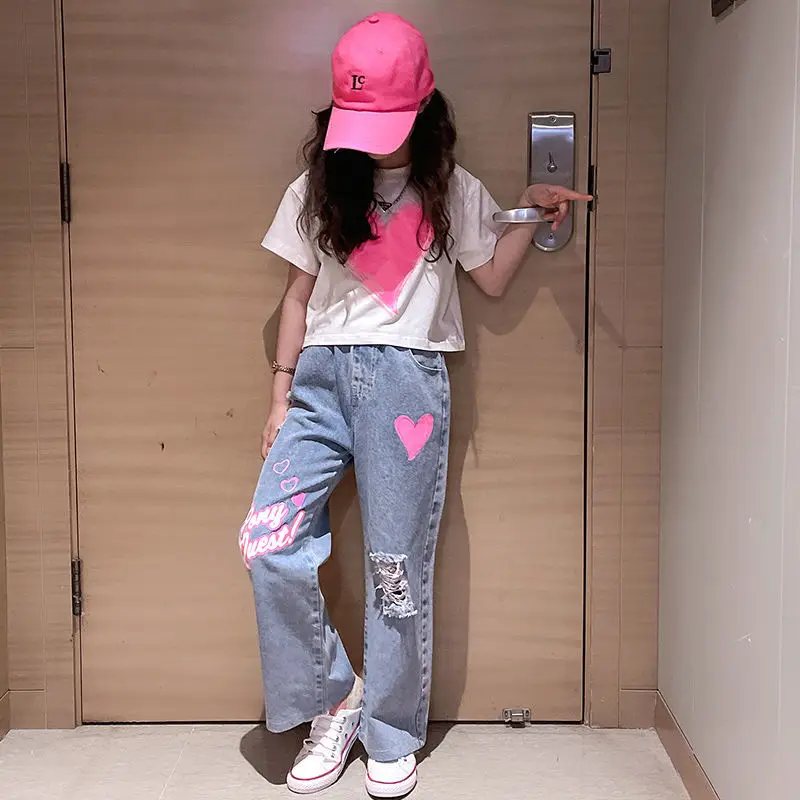 

2023 Spring Autumn Children Clothing Boys Casual Short Sleeve Heart Print T-shirt+ Pants Fashion Kids Sports Wear Suit For Girls