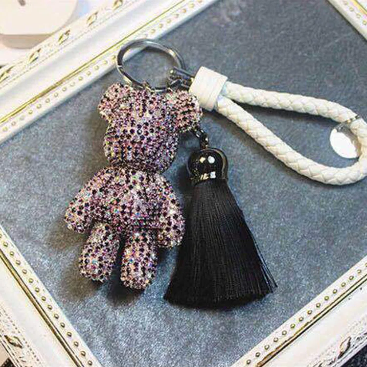 Black Crystal Bear Keychains Cute Keyrings Tassel Black Rope 