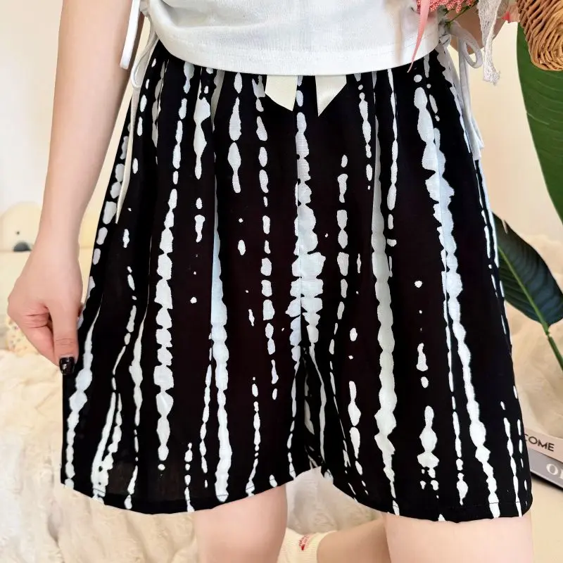 Summer Women's Elastic High Waisted PocketsPlant&Flowers Tie Dye Printing Loose Sweatpants Vacation Beach Bandage Sweet Shorts