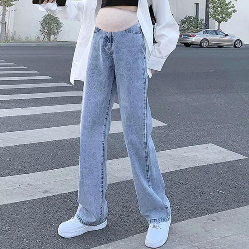 Pregnant women's jeans spring and autumn jeans wear straight-leg pants spring and summer pregnant women wear loose wide-leg mate retro jeans women s jeans straight loose loose spring and autumn 2021 new design sense high waist and thin wide leg jean pants