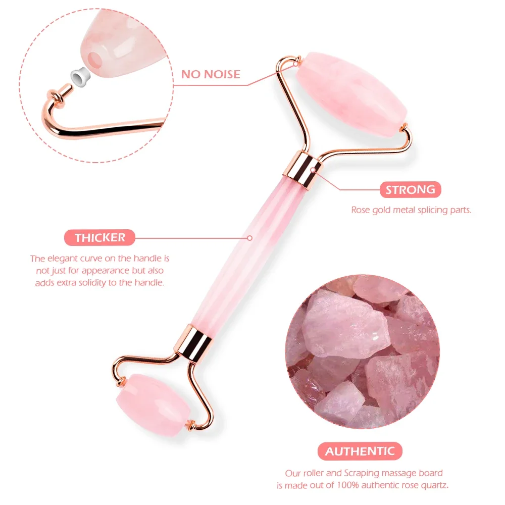 Rose Quartz Natural Jade Roller Gua Sha Scraper Set Facial Roller Massager for Face Body Neck Lifting Tighten Slimming Skin Care