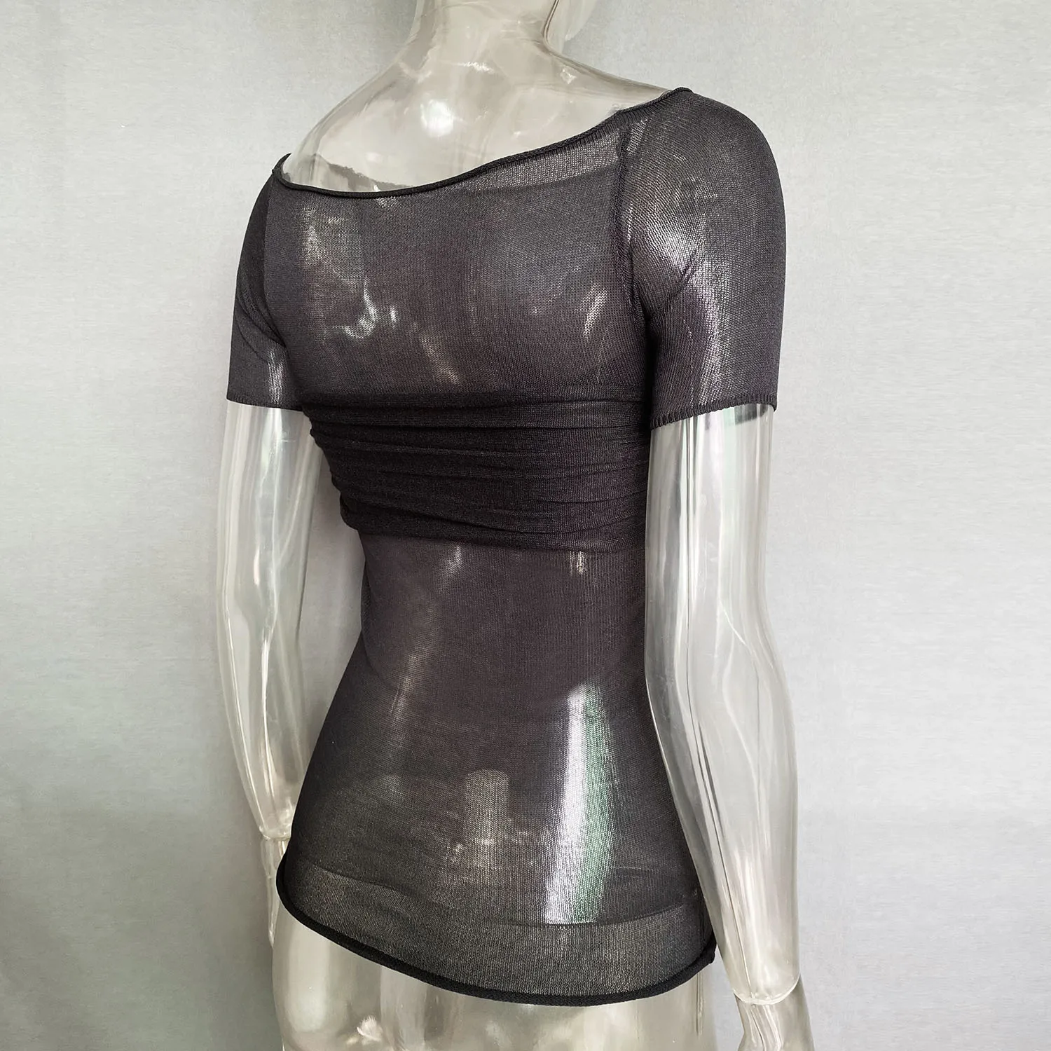 Short Sleeve Mesh Top Shirt For Women Off-Shoulder See-Through Knit Sexy Pullover Summer Sheer New 2025 Ladies T-shirt