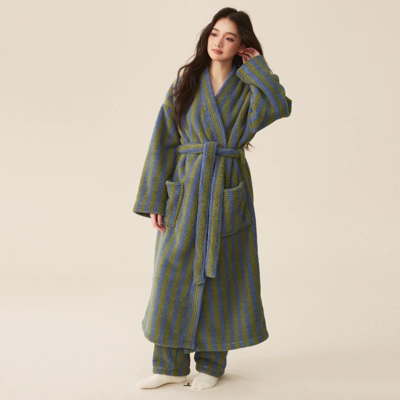 Thickened Flannel Robe Pants Pajamas Set Autumn Winter New Couple Coral Velvet Women Men Bathrobe Striped Lengthed Home Clothes women sleepwear sleepwear pajamas