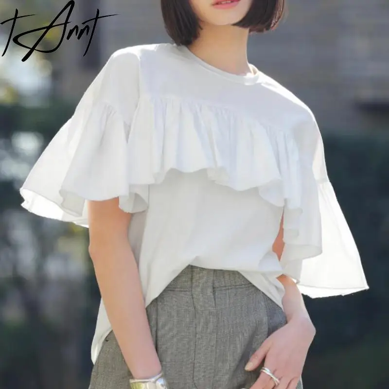 

Tannt Women T Shirt Butterfly Sleeve Flounced Edge Patchwork Black White T Shirt Women Fashion Casual Summer T-shirt 2023 New