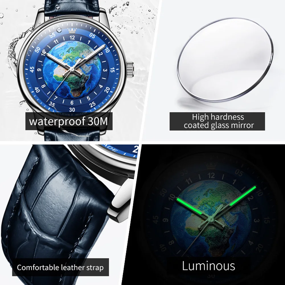 OLEVS New Fashion Blue Quartz Watch for Men  Leather Strap Waterproof Luminous Mens Watches Top Brand Luxury Relogio Masculino