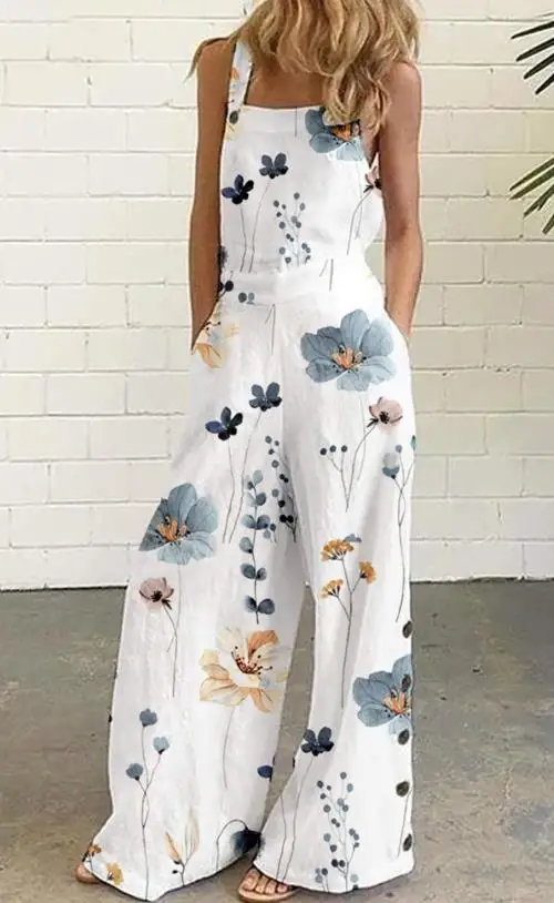 

Square Neck Sleeveless Pocket Floral Print Wide Leg Suspender Jumpsuit