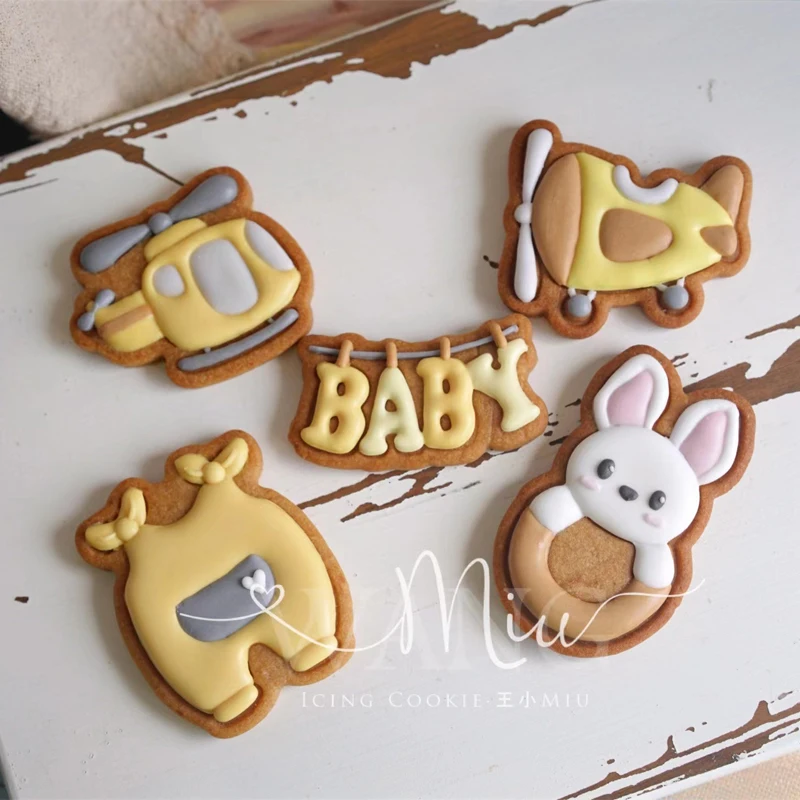 

1Pc Baby Birthday Embossed Mold Rabbit Clothes Helicopter Aircraft English Letter Cookie Mold Fondant Cake Insert Decoration