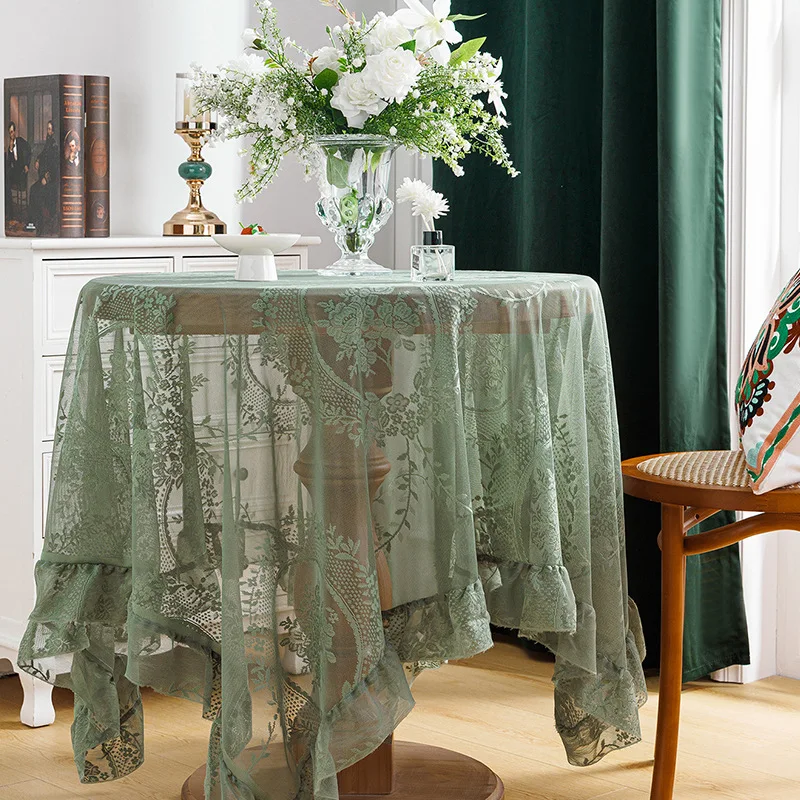 

Wihte Romantic Jacquard Lace Tablecloth Wedding/Party Table Decorations Green Vintage Ruffles Round Table Overlays Dust Proof