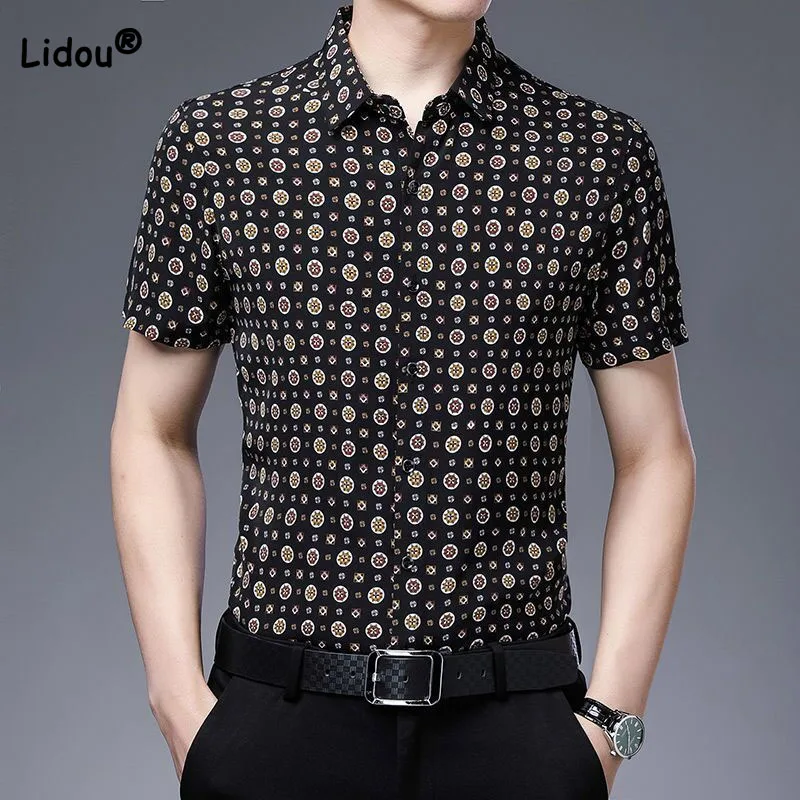 Men's Trend Vintage Short Sleeve Polo-Neck Shirt Summer Male Clothes Casual Fashion All-match Single-breasted Printed Shirt