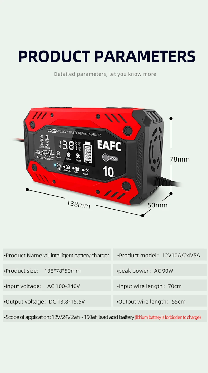 EAFC 12V 10A Intelligentes Autobatterie-Ladegerät 24V 5A Pulsreparatur für Auto- und Motorradbatterien Blei-Säure-Batterie-Ladegerät mit LCD-Anzeige – Detail 12