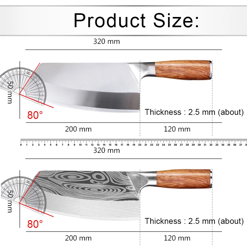 Professional Cleaver Knives Heavy Duty Chinese Knife Wooden Handle Laser Damascus Knife Cleaver Meat Chicken Fish Kitchen Knife