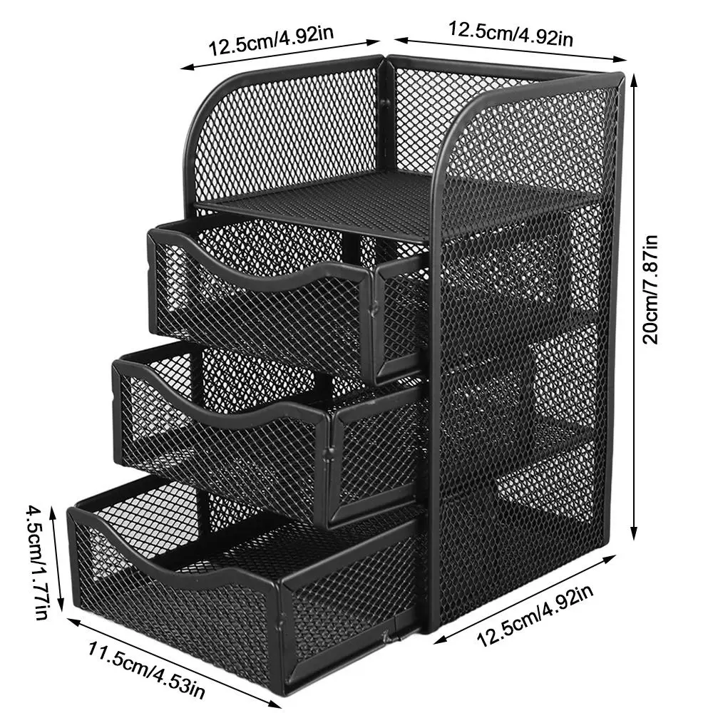 Black Metal Wire Mesh Desk Organizer with 3 Drawers - Multifunctional Stationery Holder