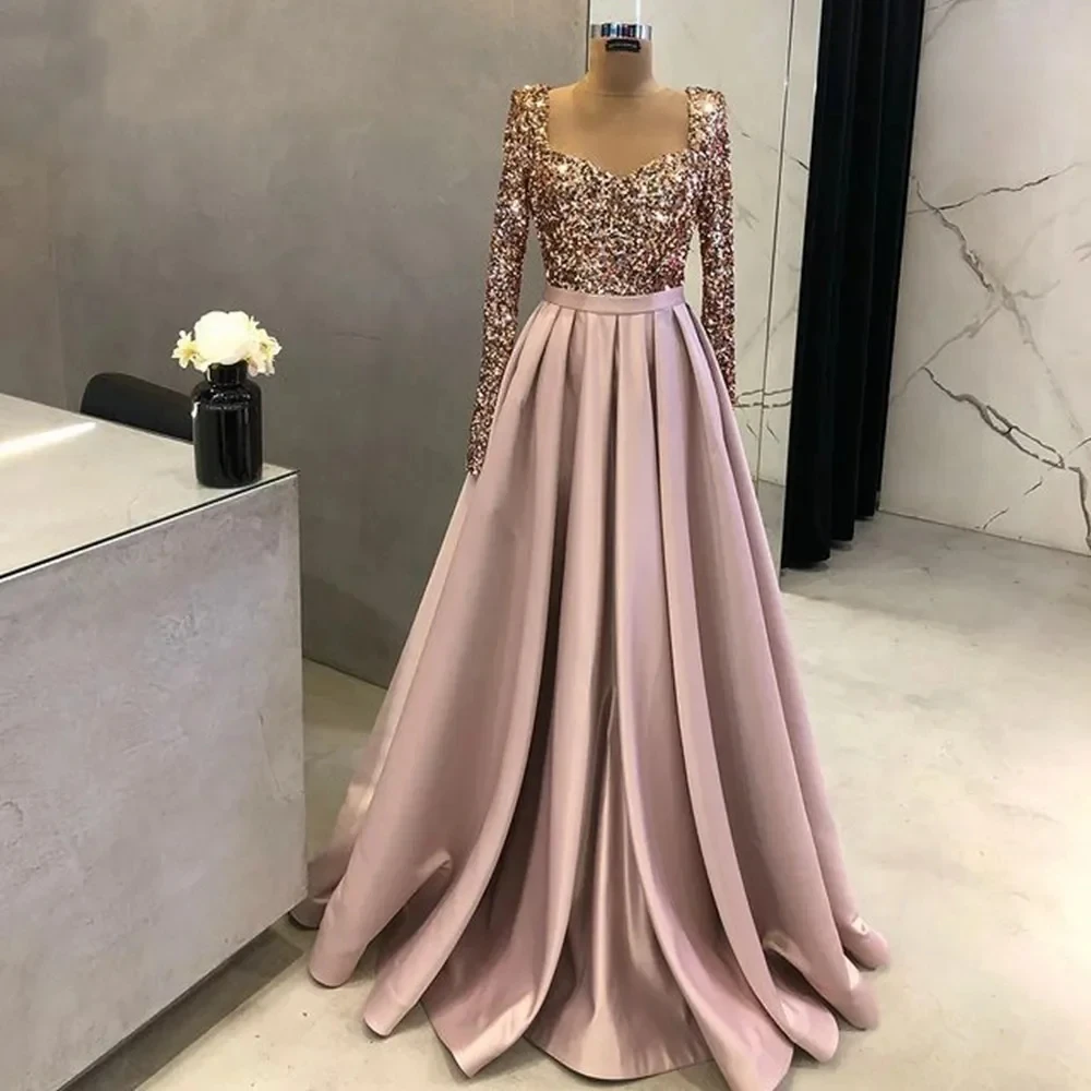 

Luxury Pink Satin Sequined Sweetheart A-line Long sleeves Evening Dresses for Women Wedding Party Prom Gowns robes de soirée