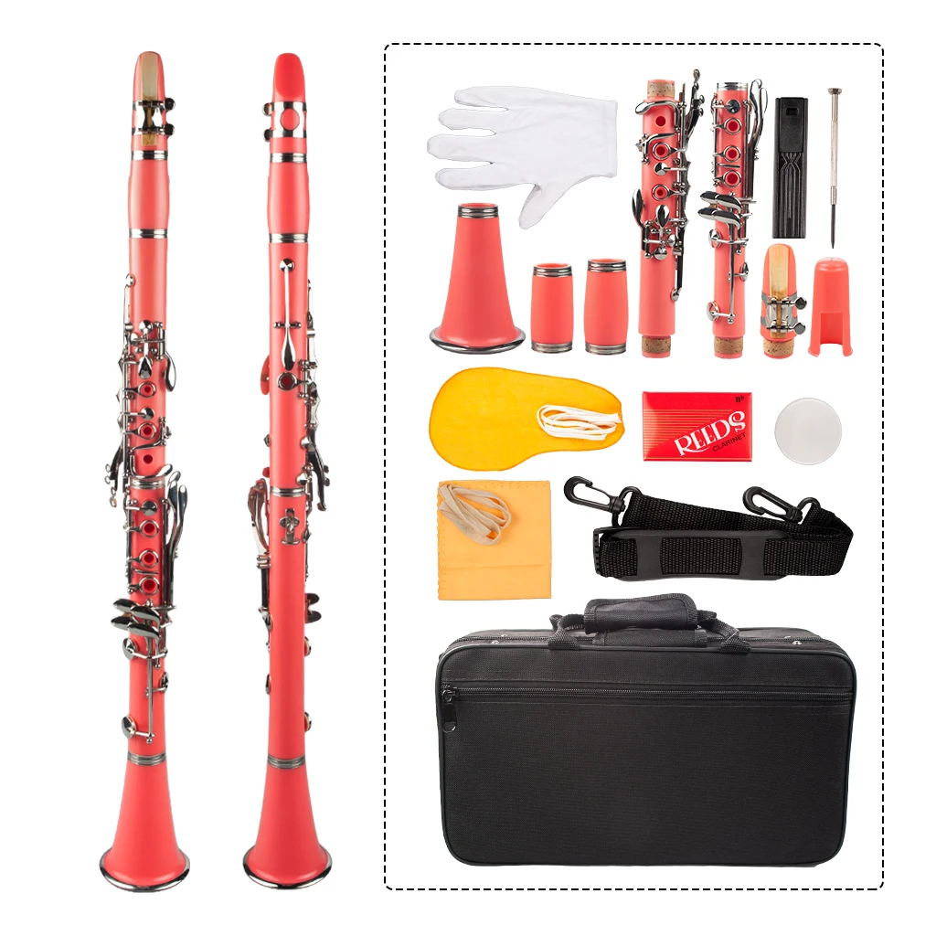 Pink Bb Clarinet Woodwind Band & Orchestra Musical Instruments For Beginners Includes Mouthpiece Reeds Carry Protecting Case SET
