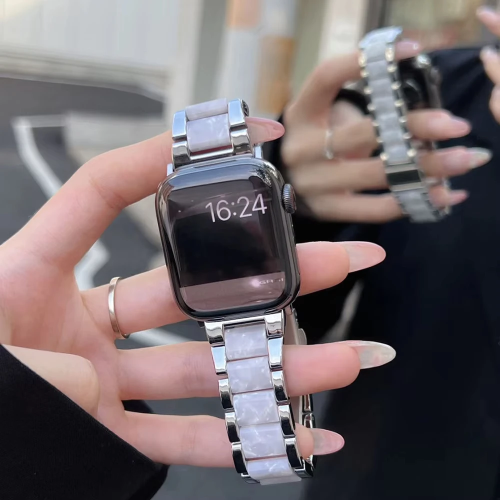 รูปสินค้า สายนาฬิกาเรซิ่นสีเงิน-ทอง สวยหรู ใส่กับ Apple Watch ได้ทุกรุ่น