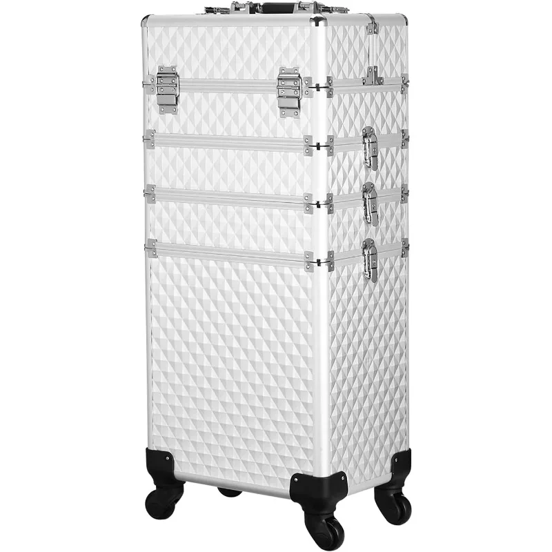 

Channcase 4 in 1 Portable Traveling Aluminum Professional Makeup Trolley Cart with Multiple-Sized Compartments and Wheels, White